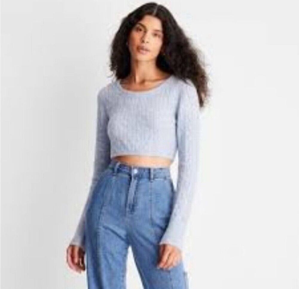 Future Collective Reese Blutstein Cropped Scoop Neck Sweater Blue Women’s L NWT